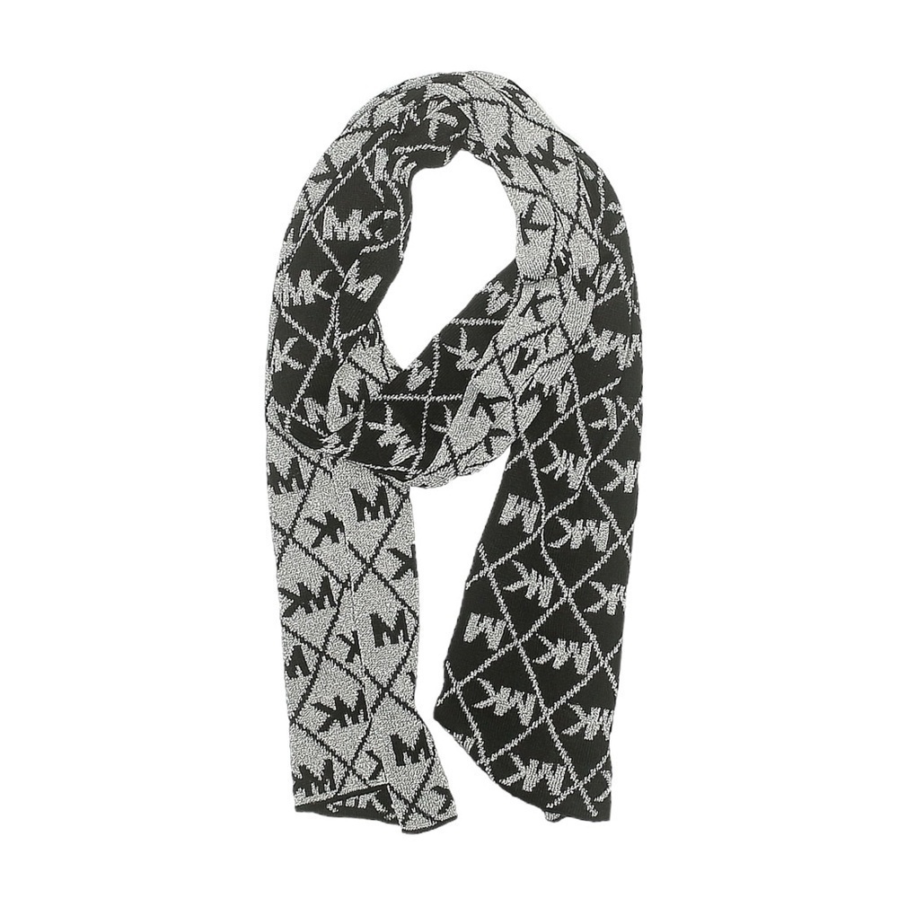 Michael Kors Metallic MK Monogram Knit Scarf Black Silver Reversible Logo NWT